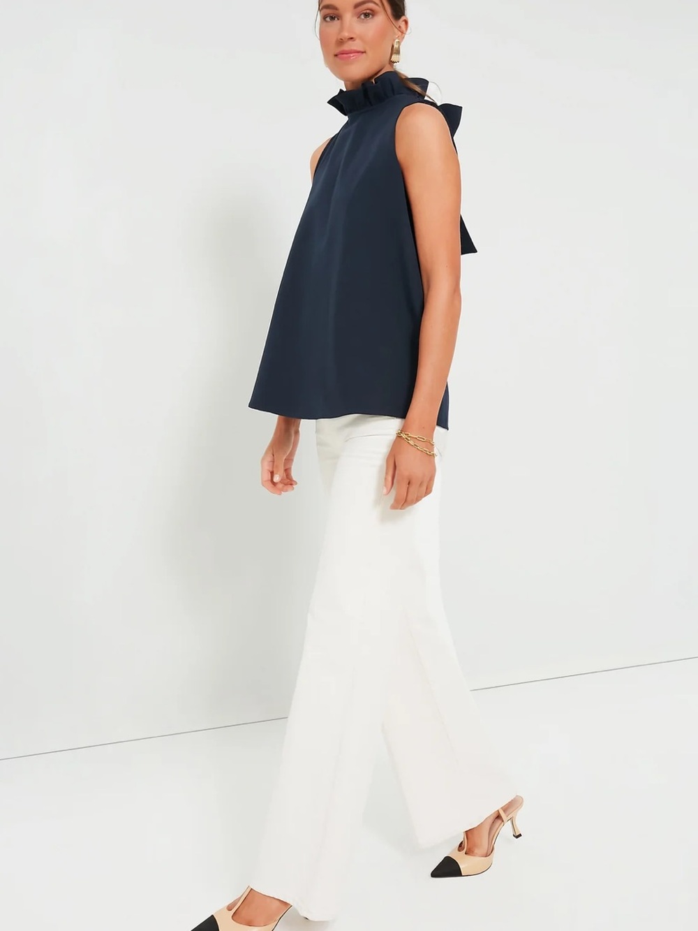 Pomander Place Navy Ruffled Neck Blouse